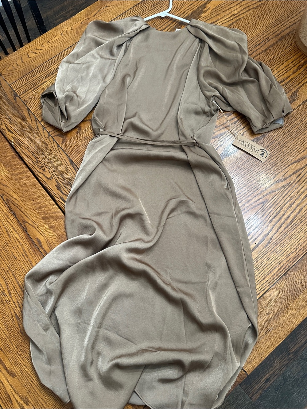 Taupe Midi Dress with Puff Sleeves - Lightweight Wrap Detail